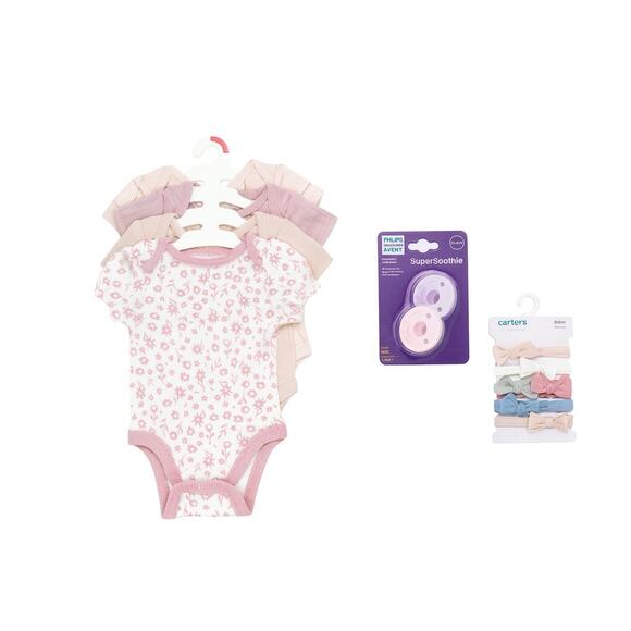 Baby Girl Gift Set – 4 Bodysuits, 6 Headbands & Philips Avent Pacifiers - Picture 1 of 5